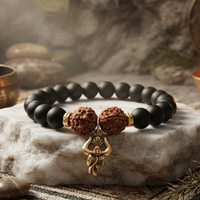 Urthn Rudraksha & Matte Beads Bracelet with Trishul Charm for Mens