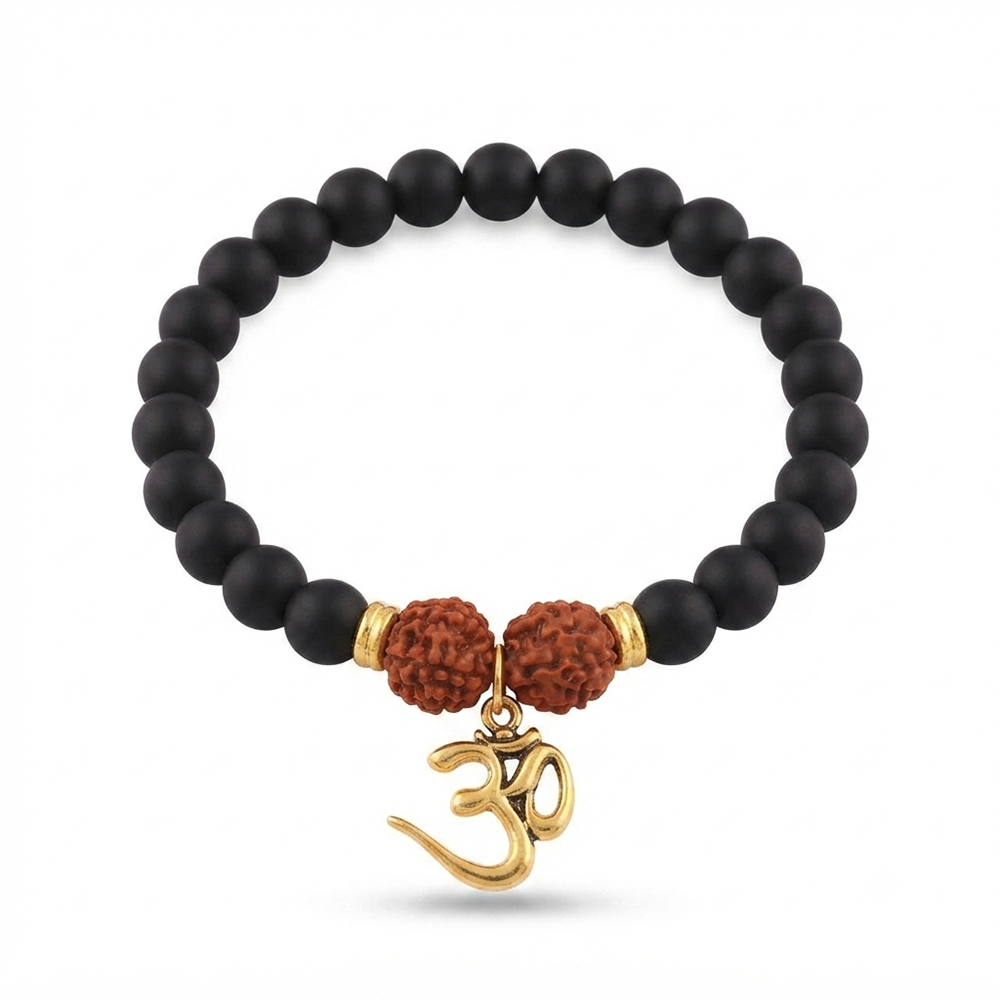 Urthn Rudraksha & Matte Beads Bracelet with Om Charm for Mens(Pack of 12)