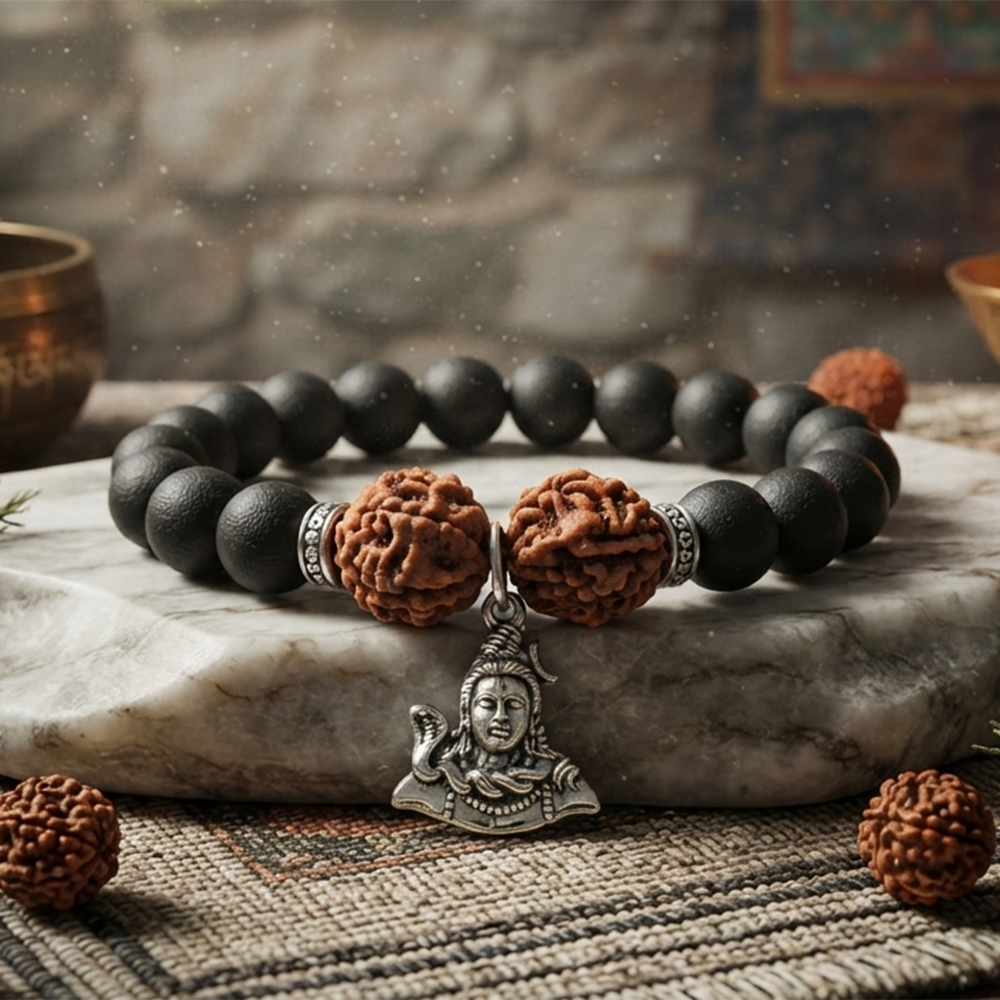 Urthn Rudraksha & Matte Beads Bracelet with Lord Shiva  Charm for Mens(Pack of 12)