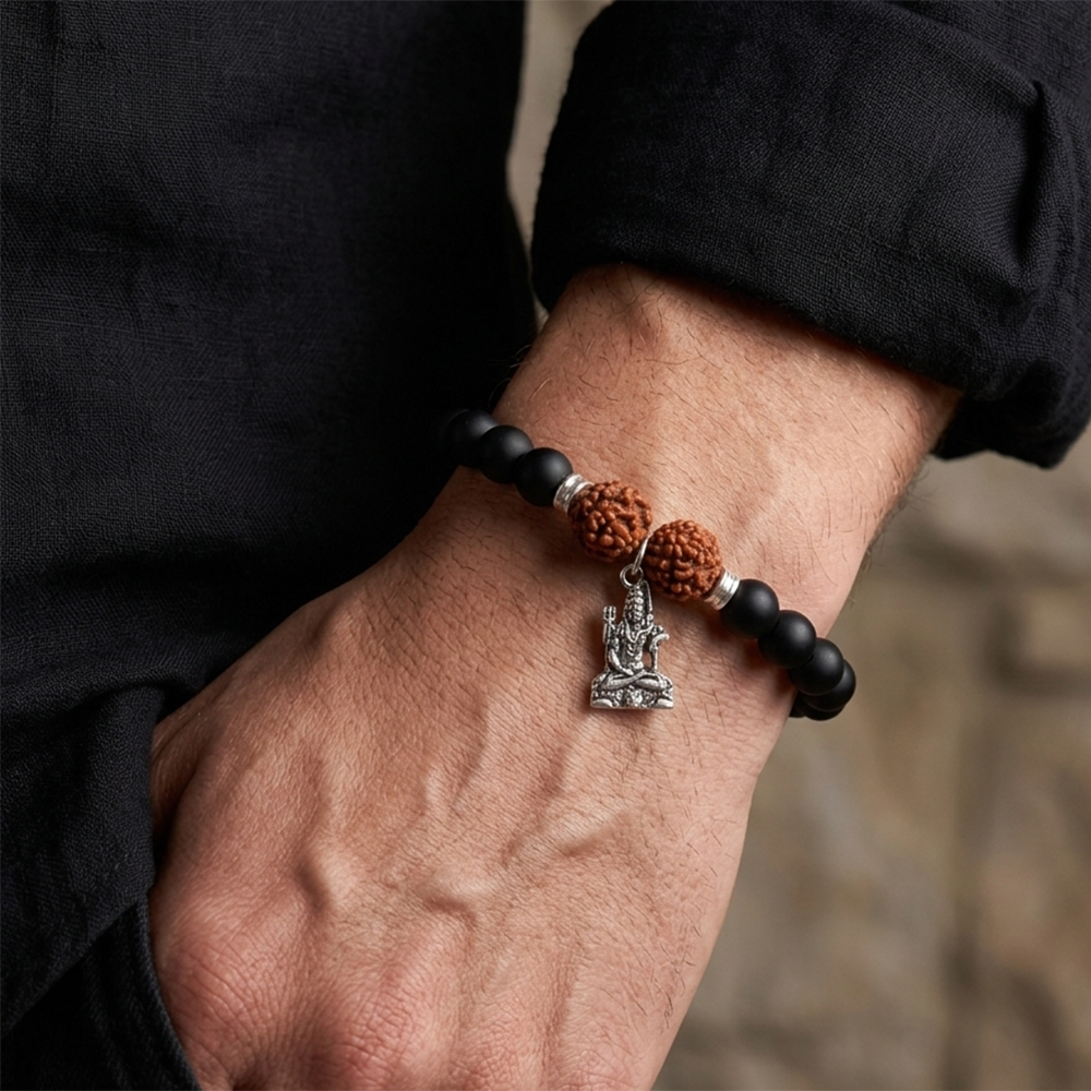 Urthn Rudraksha & Matte Beads Bracelet with Lord Shiva  Charm for Mens(Pack of 12)