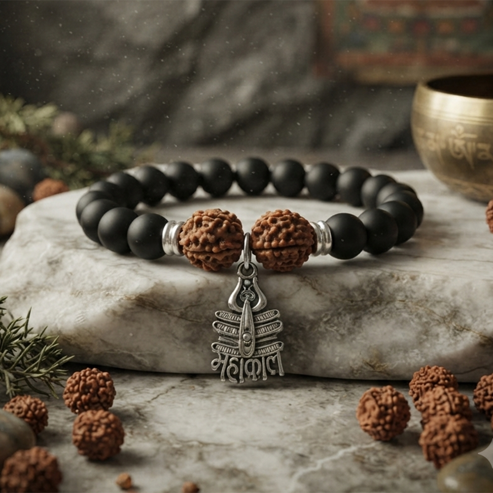 Urthn Rudraksha & Matte Beads Bracelet with Mahakal Charm for Mens