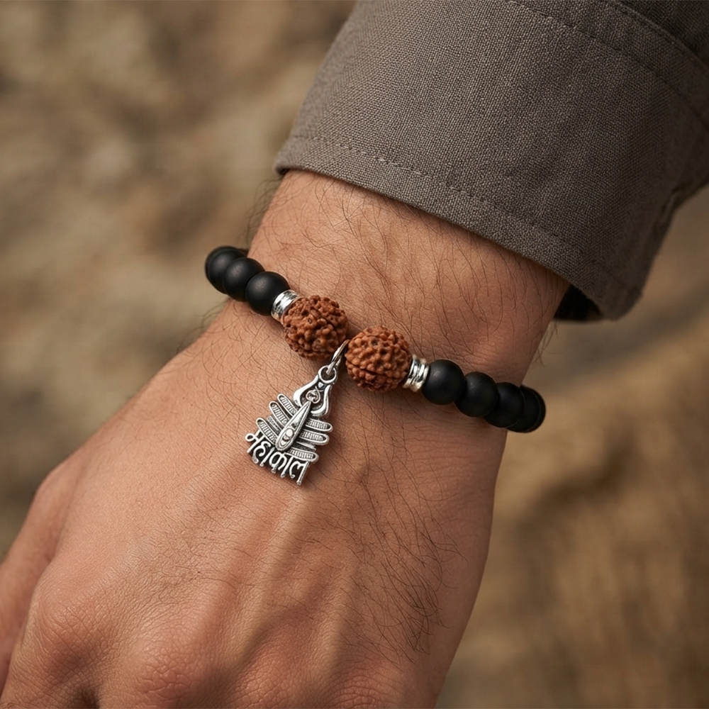 Urthn Rudraksha & Matte Beads Bracelet with Mahakal Charm for Mens(Pack of 12)