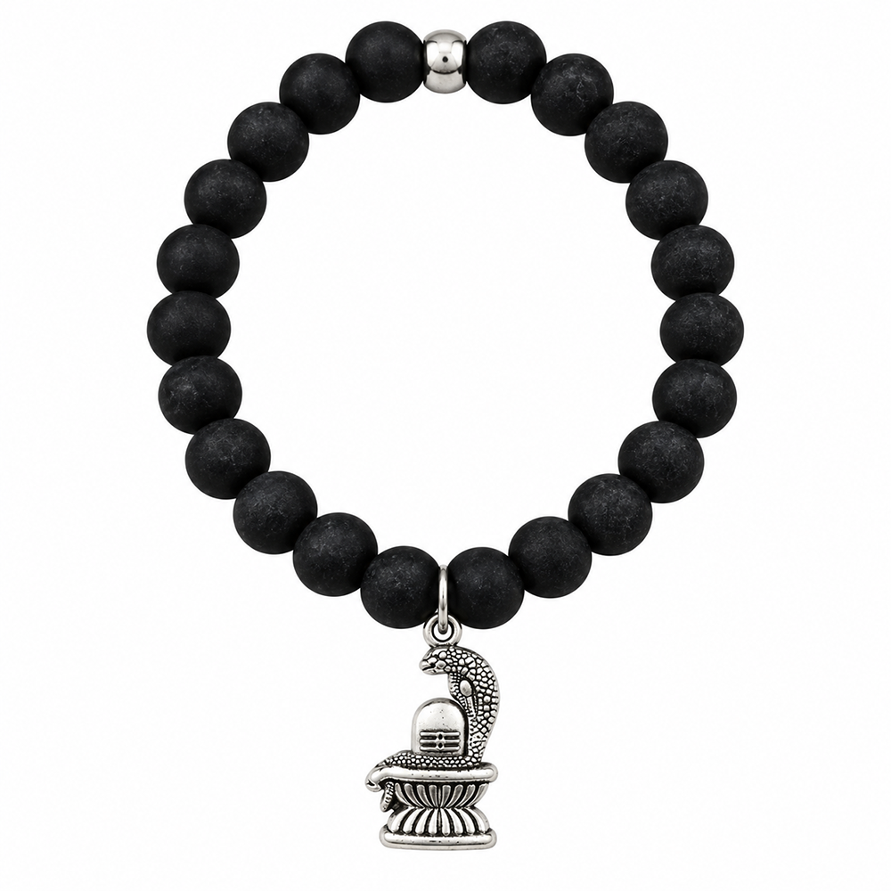 Urthn Black Matte Beads Bracelet with Shivling Charm for Mens(Pack of 12)