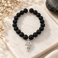 Urthn Black Matte Beads Bracelet with Trishul Charm for Mens(Pack of 12)