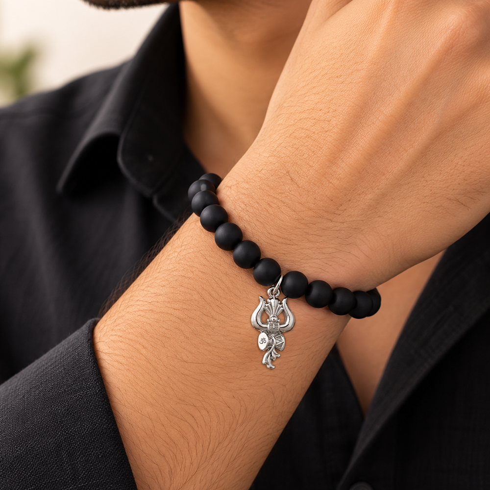 Urthn Black Matte Beads Bracelet with Trishul Charm for Mens