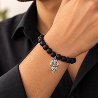 Urthn Black Matte Beads Bracelet with Trishul Charm for Mens