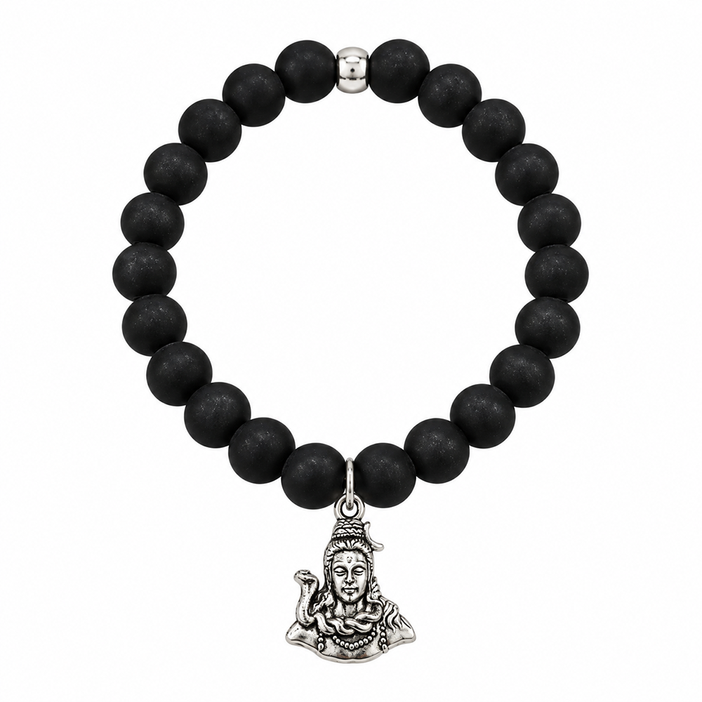 Urthn Black Matte Beads Bracelet with Lord Shiva Charm for Mens(Pack of 12)