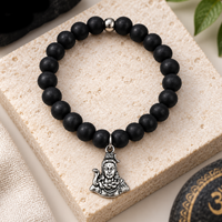 Urthn Black Matte Beads Bracelet with Lord Shiva Charm for Mens(Pack of 12)