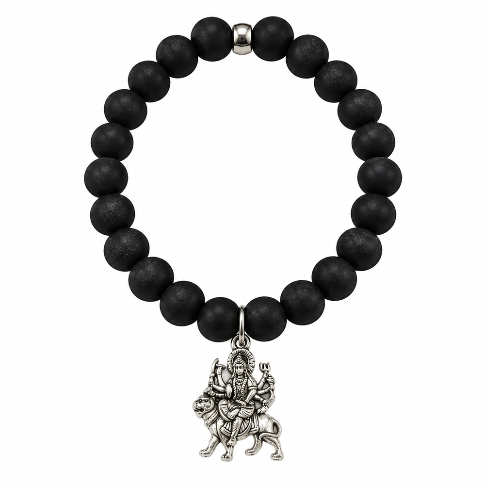 Urthn Black Matte Beads Bracelet with Goddess Durga Charm for Mens(Pack of 12)
