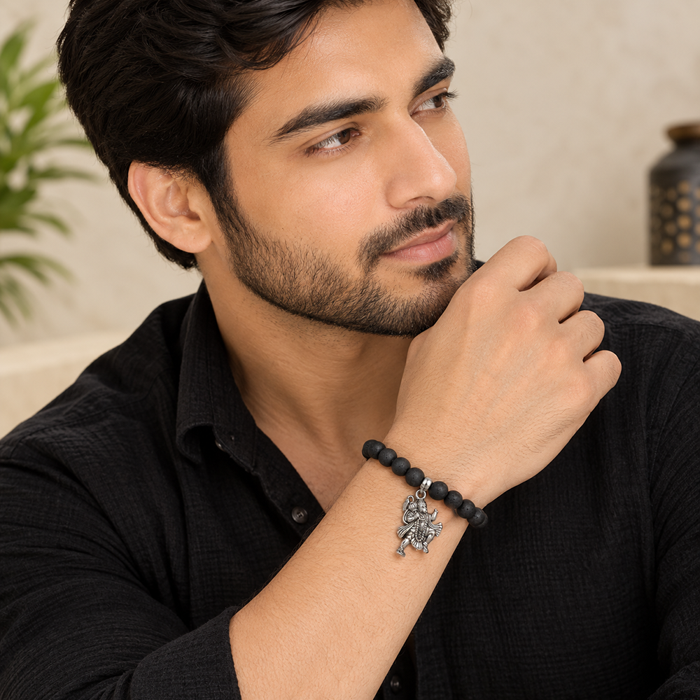 Urthn Black Matte Beads Bracelet with Hanuman Charm for Mens(Pack of 12)