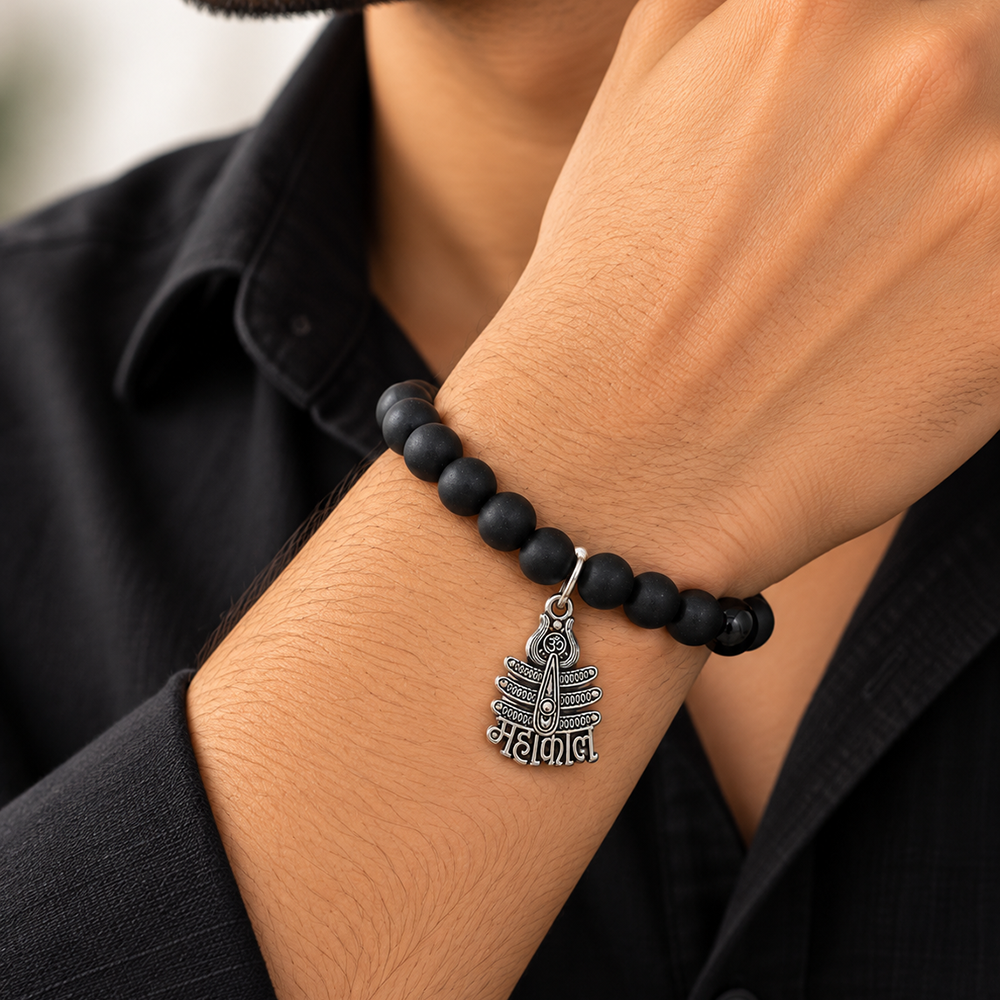 Urthn Black Matte Beads Bracelet with Mahakal Charm for Mens