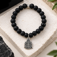Urthn Black Matte Beads Bracelet with Mahakal Charm for Mens(Pack of 12)