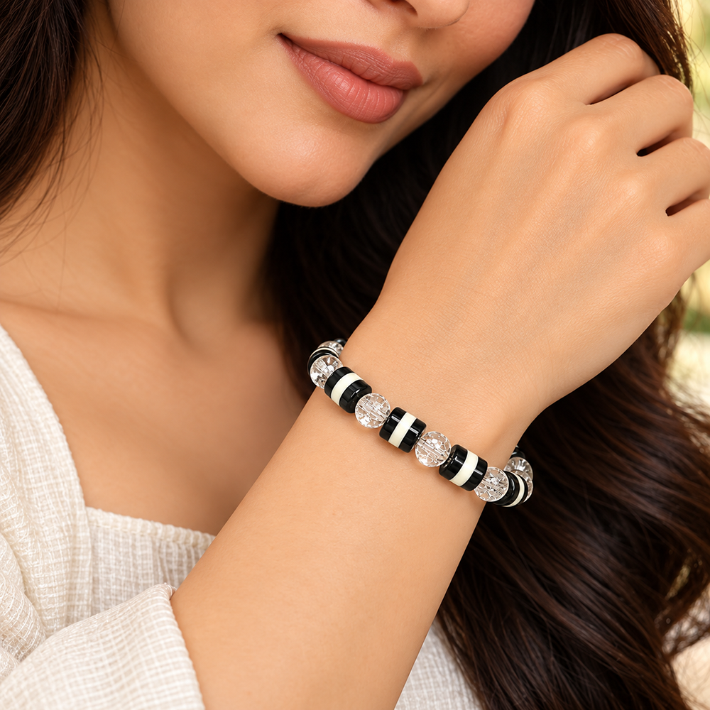 Urthn Trendy Black And White Beads Bracelet for Women & Men's(Pack Of 3 )