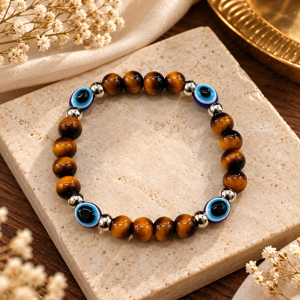 Urthn Trendy Tiger Beads Bracelet with Evil Eye Charms for Women & Men's(Pack Of 3 )