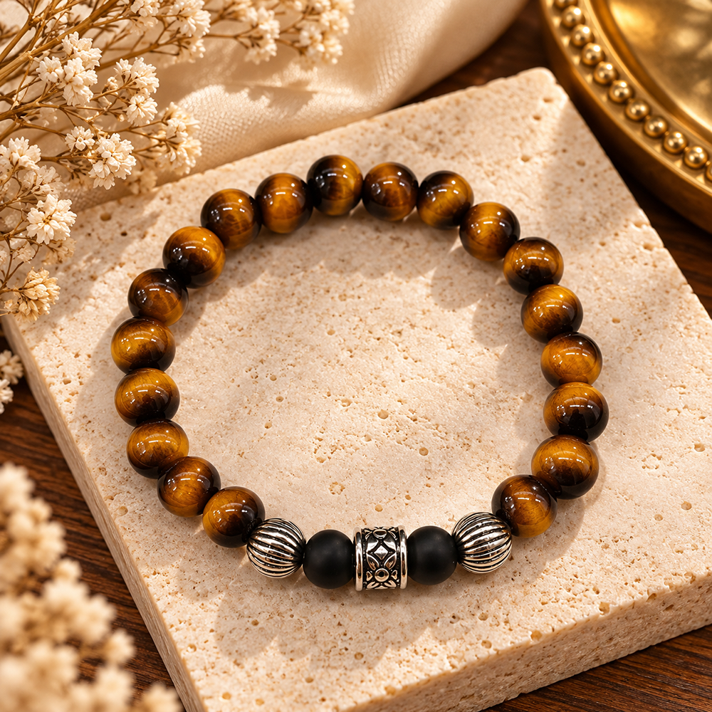 Urthn Trendy Tiger Beads Bracelet with Silver Charms for Women & Men's(Pack Of 3 )