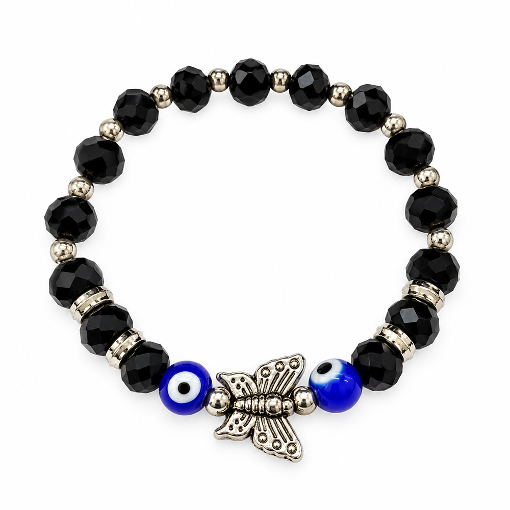 Urthn Trendy Black and Evil Eye Beads Bracelet with Butterfly Charm for Women(Pack Of 3 )