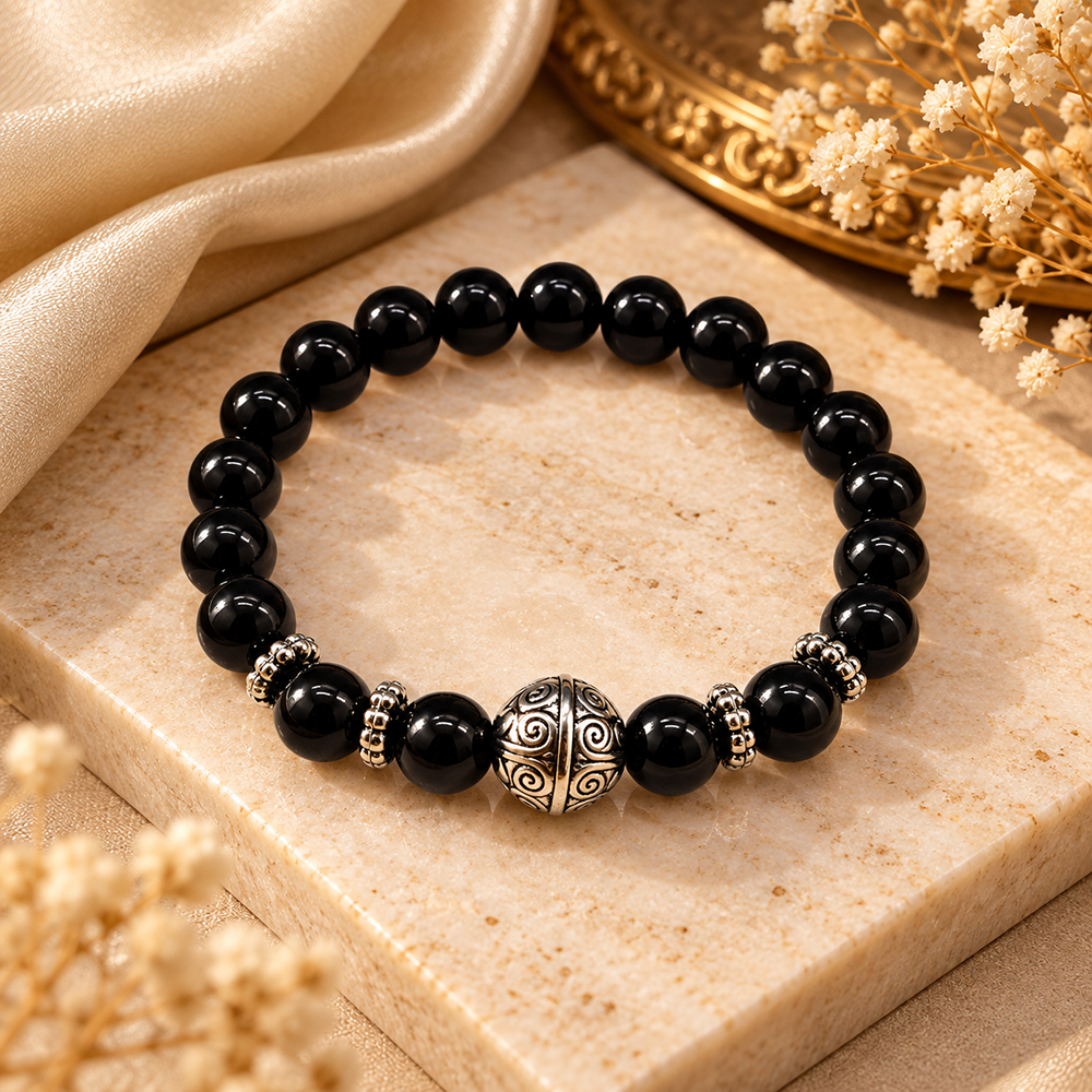 Urthn Trendy Black Beads Bracelet with Silver Ball Charm for Women & Men's(Pack Of 3 )