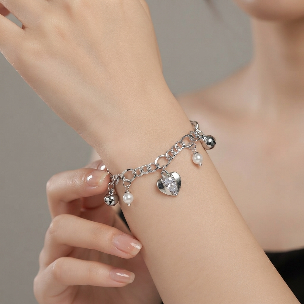 Urthn Fashionable Silver Plated With Heart Shape Charm Bracelet with Pearl Drops(Pack Of 6)