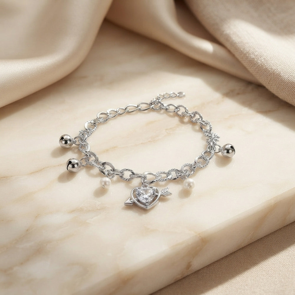 Urthn Fashionable Silver Plated With Heart Shape Charm Bracelet with Pearl Drops(Pack Of 6)