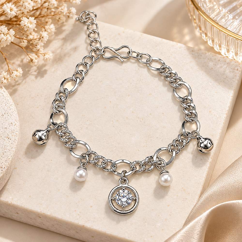 Urthn Fashionable Silver Plated With Round Shape Charm Bracelet with Pearl Drops(Pack Of 6)