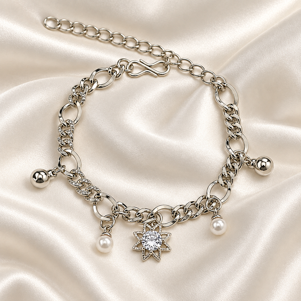 Urthn Fashionable Silver Plated With Floral Shape Charm Bracelet with Pearl Drops(Pack Of 6)