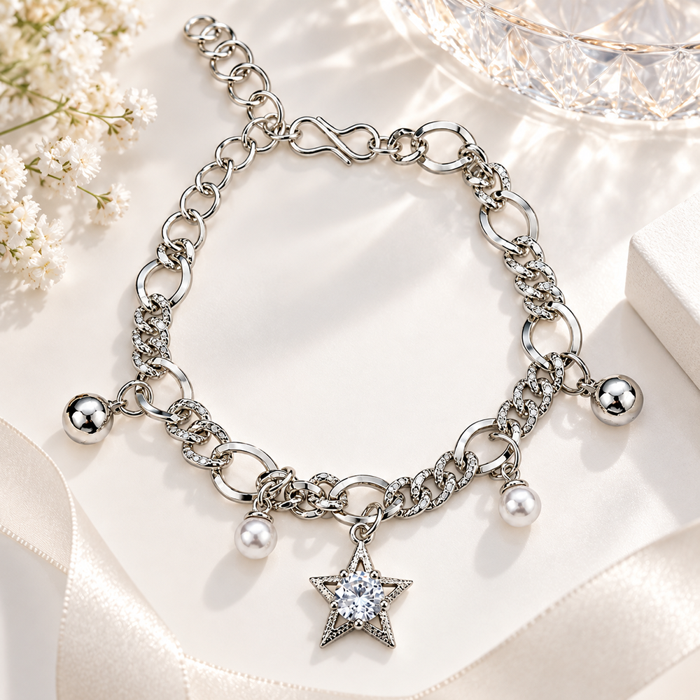 Urthn Fashionable Silver Plated With Star Shape Charm Bracelet with Pearl Drops(Pack Of 6)