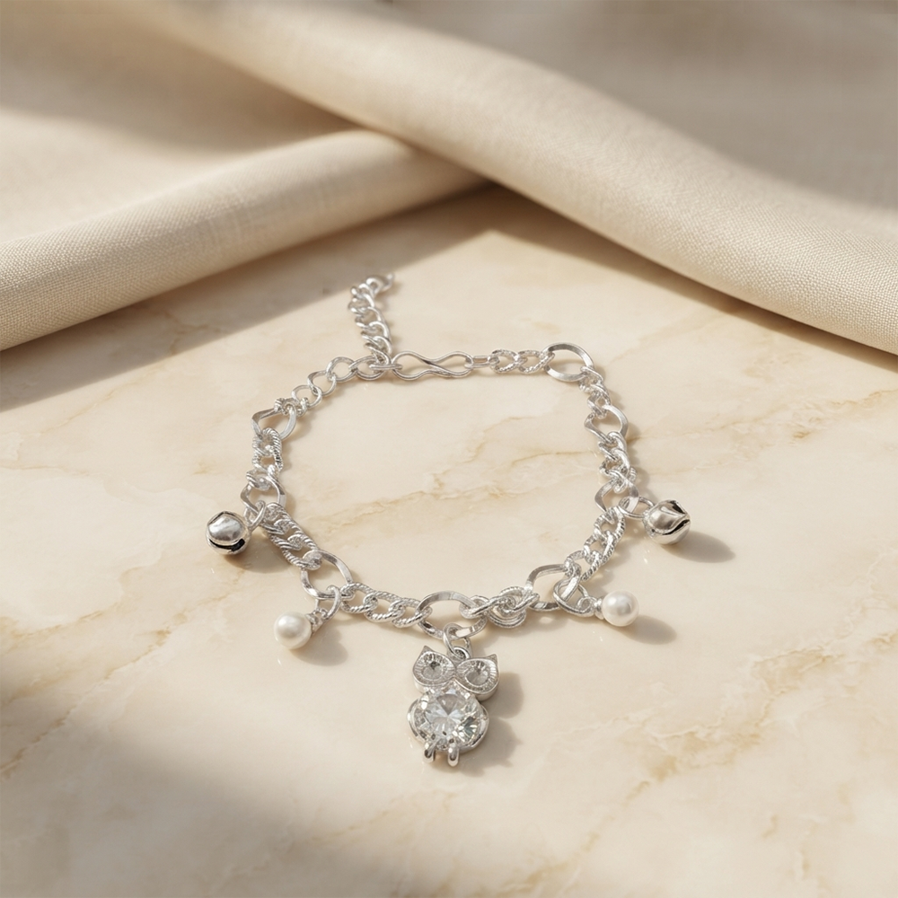 Urthn Fashionable Silver Plated With Owl Shape Charm Bracelet with Pearl Drops(Pack Of 6)