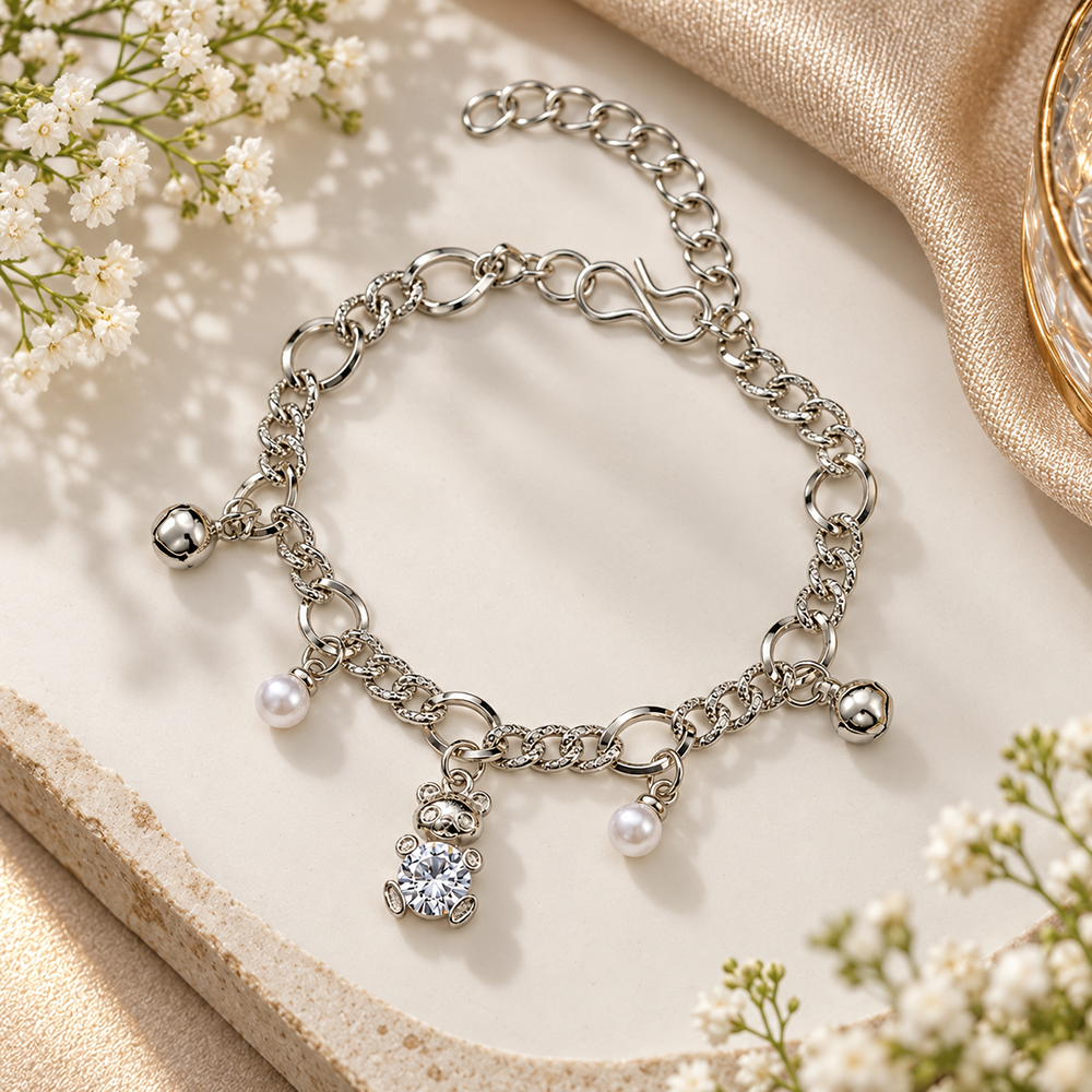 Urthn Fashionable Silver Plated With Teddy Shape Charm Bracelet with Pearl Drops(Pack Of 6)