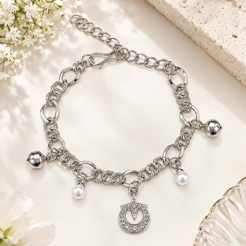 Urthn Fashionable Silver Plated Charm Bracelet with Pearl Drops(Pack Of 6)