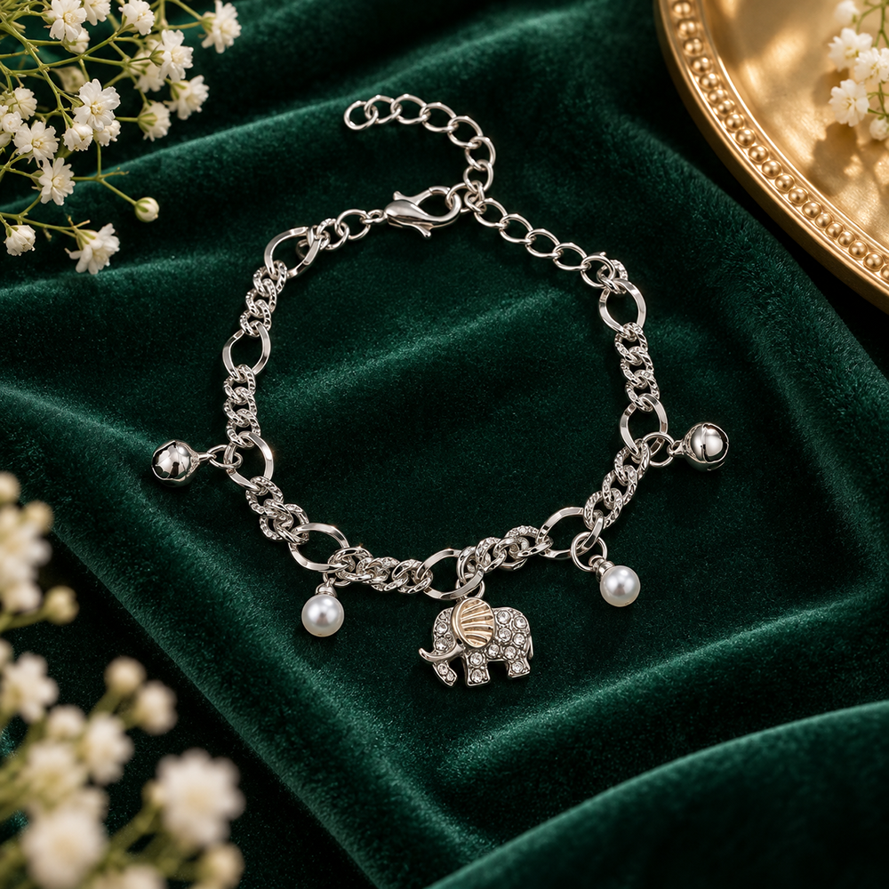 Urthn Fashionable Silver Plated With Elephant  Shape Charm Bracelet with Pearl Drops(Pack Of 6)
