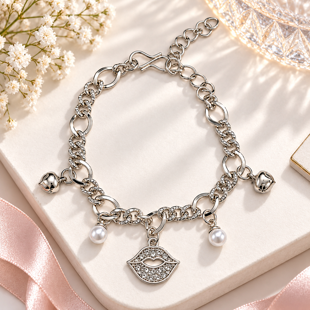 Urthn Fashionable Silver Plated With Lips Shape Charm Bracelet with Pearl Drops(Pack Of 6)