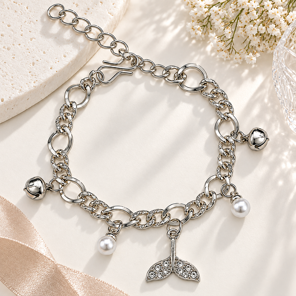 Urthn Fashionable Silver Plated With Plant Shape Charm Bracelet with Pearl Drops(Pack Of 6)
