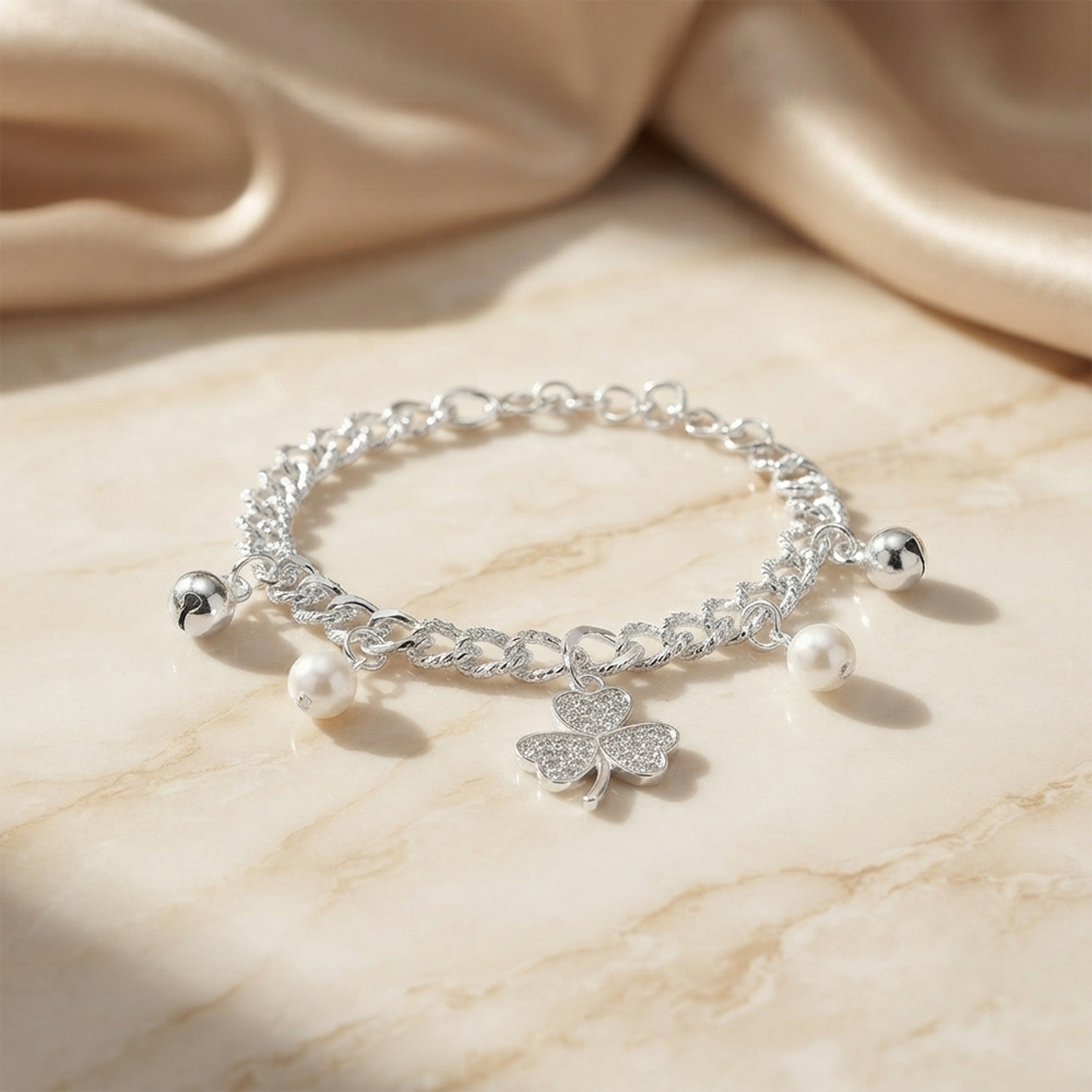 Urthn Fashionable Silver Plated With Clover Shape Charm Bracelet with Pearl Drops(Pack Of 6)