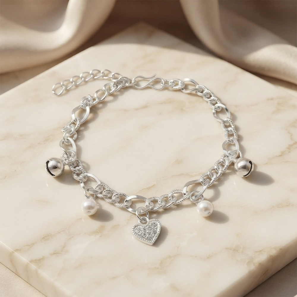 Urthn Fashionable Silver Plated With Heart Shape Charm Bracelet with Pearl Drops(Pack Of 6)