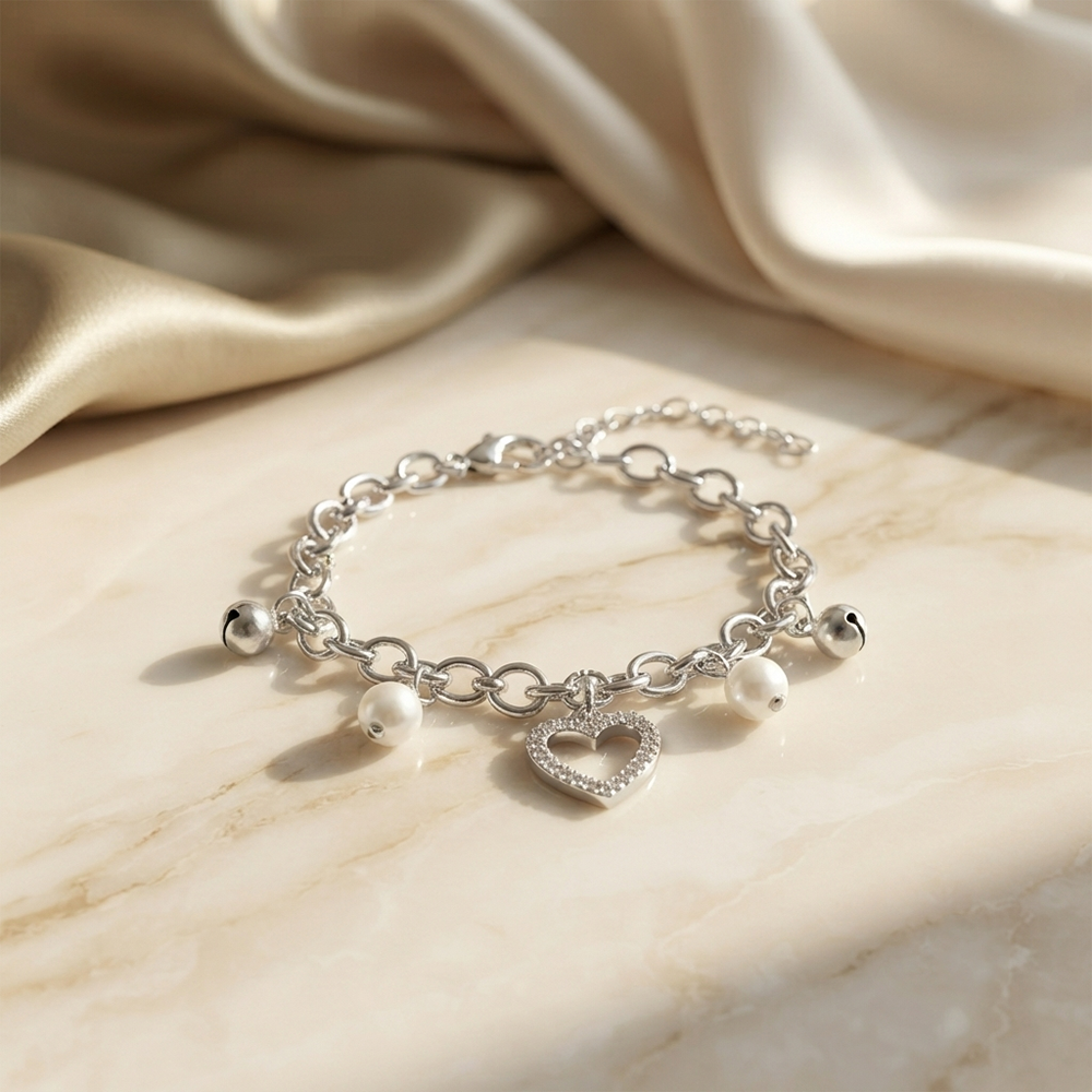 Urthn Fashionable Silver Plated With Heart Shape Charm Bracelet with Pearl Drops(Pack Of 6)