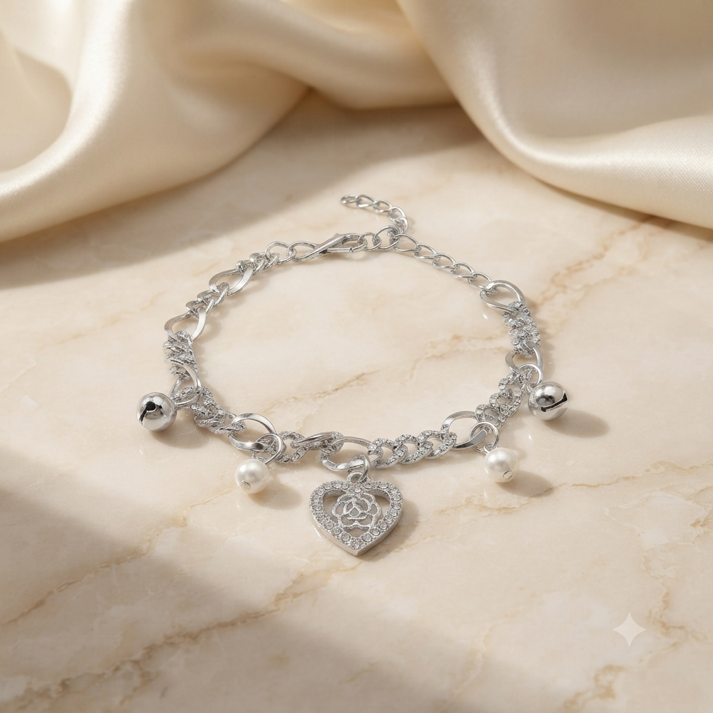 Urthn Fashionable Silver Plated With Heart Shape Charm Bracelet with Pearl Drops(Pack Of 6)