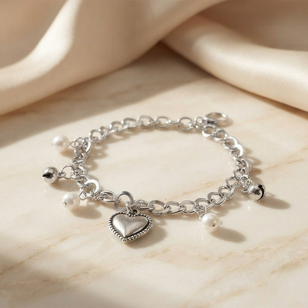 Urthn Fashionable Silver Plated With Heart Shape Charm Bracelet with Pearl Drops(Pack Of 6)