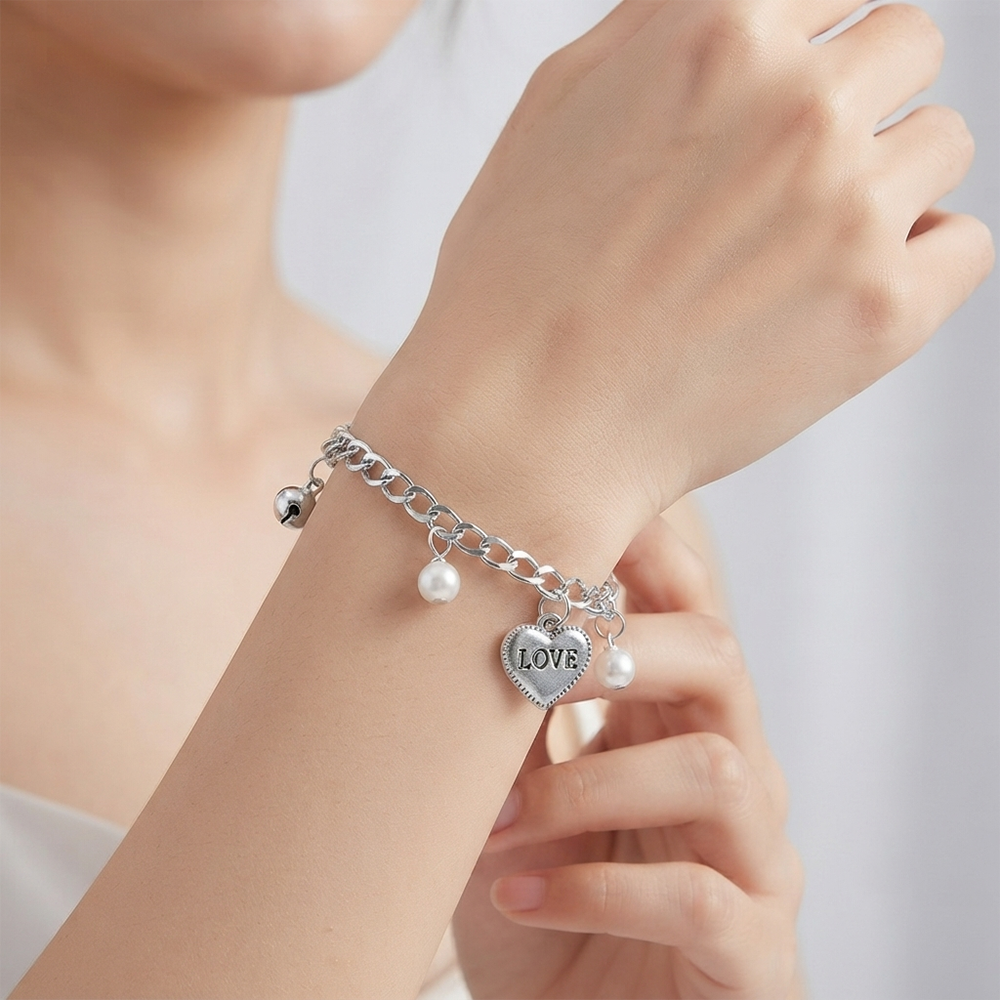 Urthn Fashionable Silver Plated With Heart Shape Charm Bracelet with Pearl Drops(Pack Of 6)