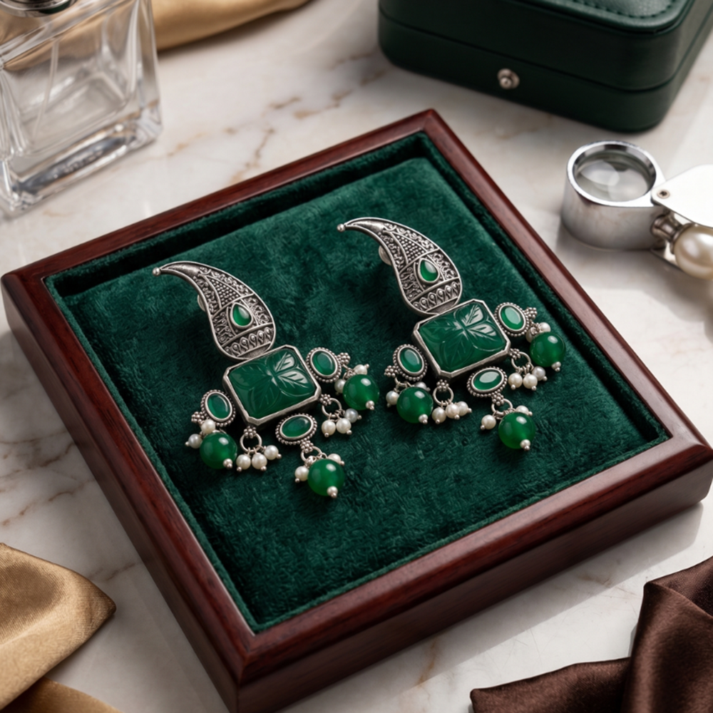 Wearhouse Fashion Oxidised Plated Pota Stone And Pearl Dangler Earrings