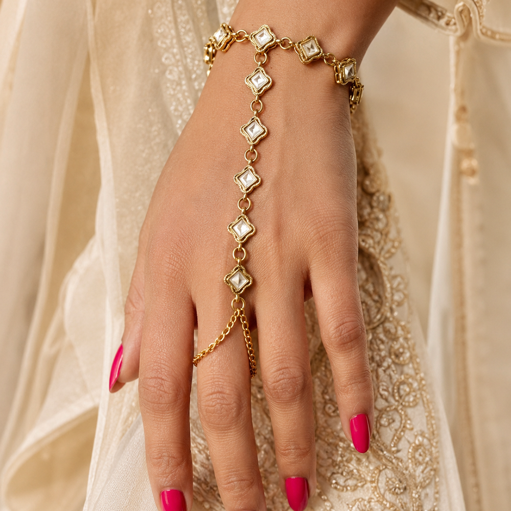 Darshana Jewels Gold Plated Kundan Stone Hath Panja Traditional Hand Jewellery  for Women (Pack of 3)