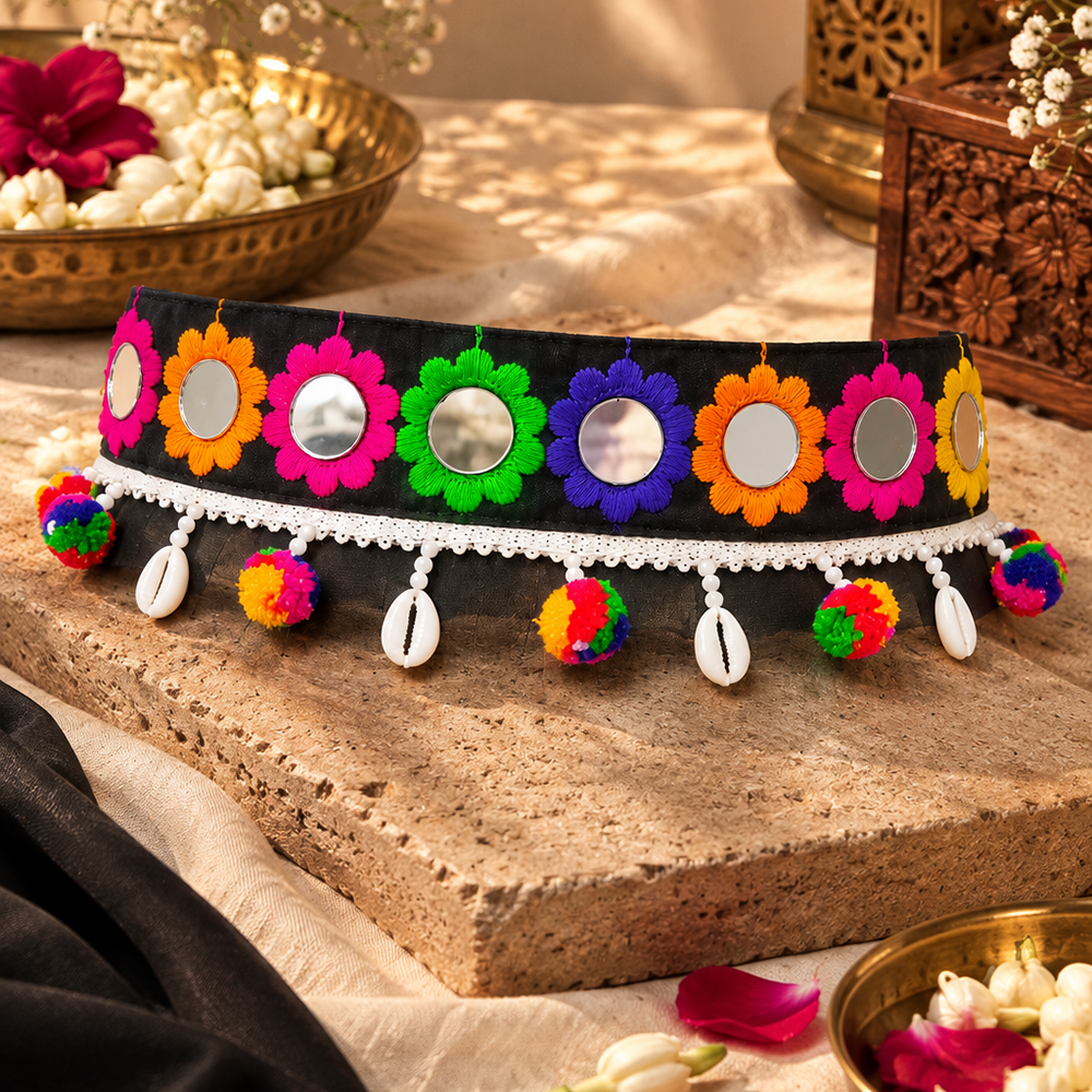 Urthn Colorful Mirror Work Shell & Pom Pom Assorted Design Kamarband Waist Belt for Navratri Festive Wear(Pack Of 3)