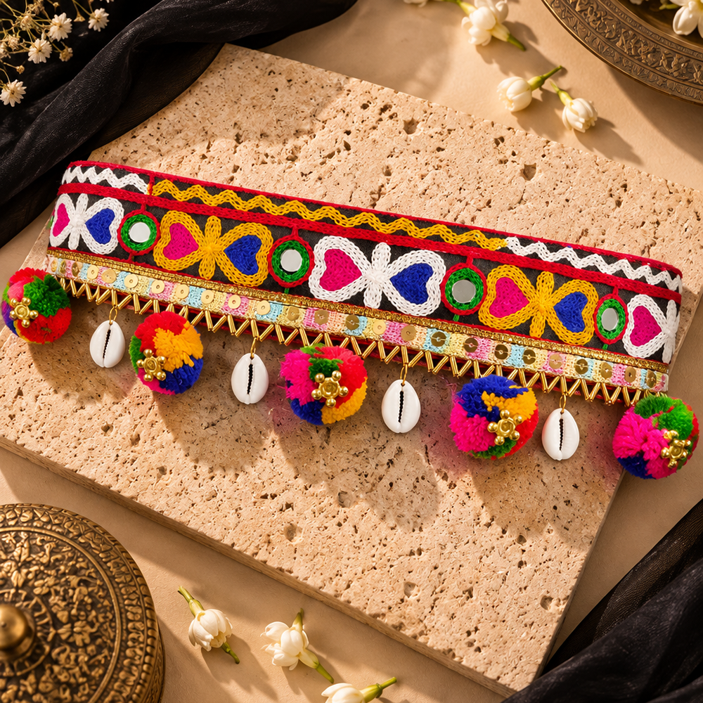 Urthn Festive Gujarati Mirror Work Assorted Design Waist Belt with  Triangular Gold Hangings, Shell & Pom Pom Charms(Pack Of 3)