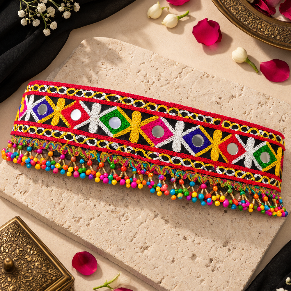 Urthn Vibrant Mirror Work Multicolor Pearl Assorted Design Kamarband Waist Belt for Navratri & Festive Occasions(Pack Of 3)