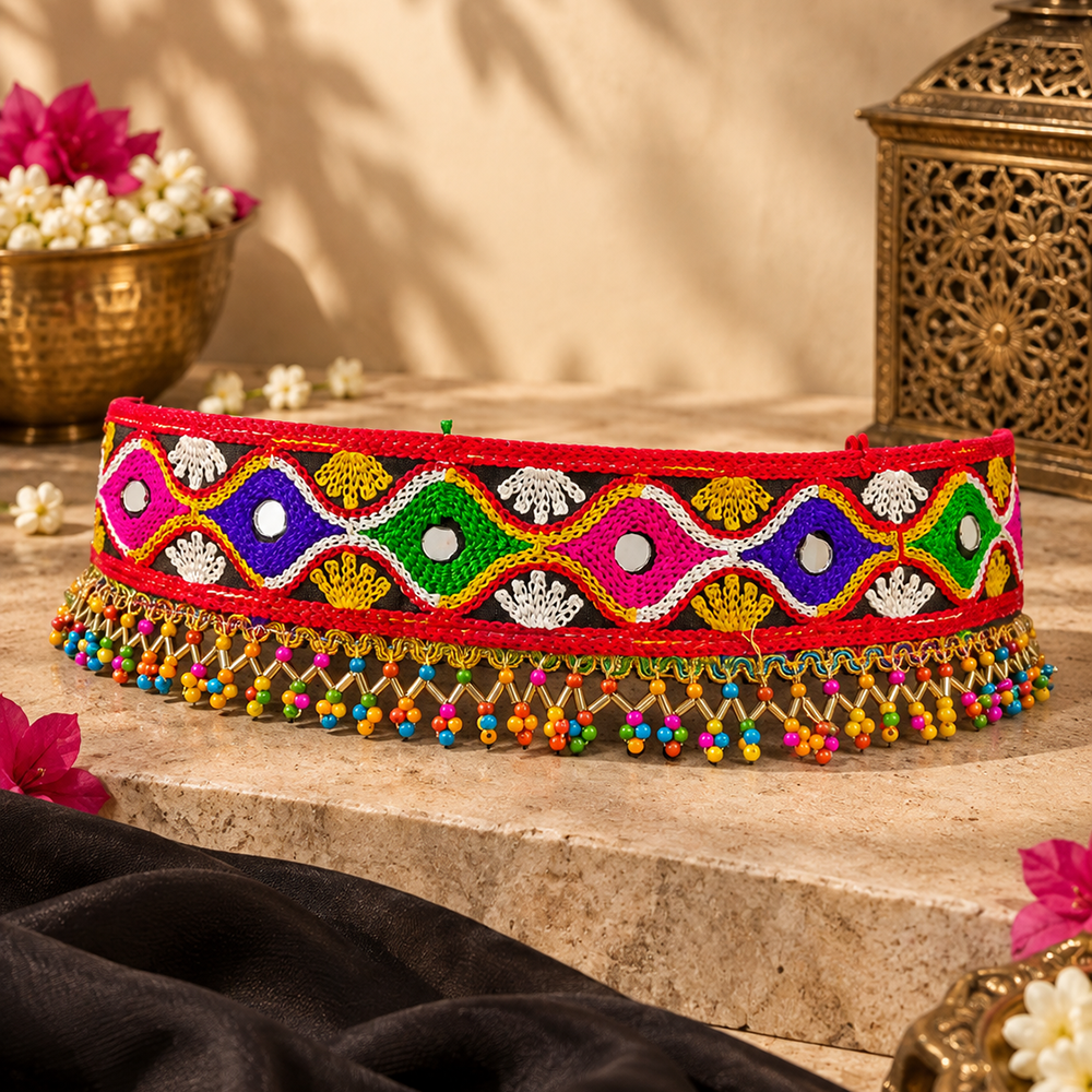 Urthn Vibrant Mirror Work Multicolor Pearl Assorted Design  Kamarband Waist Belt for Navratri & Festive Occasions(Pack Of 3)