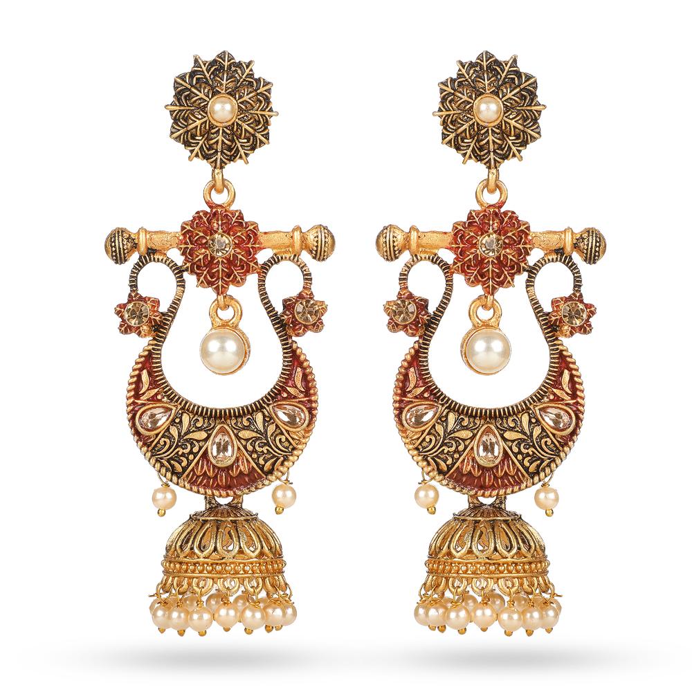 Wearhouse Fashion Gold Plated Crystal Stone And Meenakari Jhumki Earrings