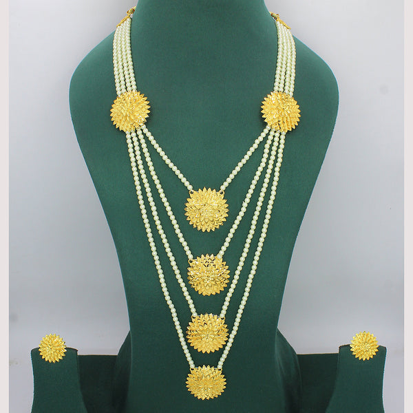 Mahavir Gold Plated Pearl Multi Layer Long Necklace Set