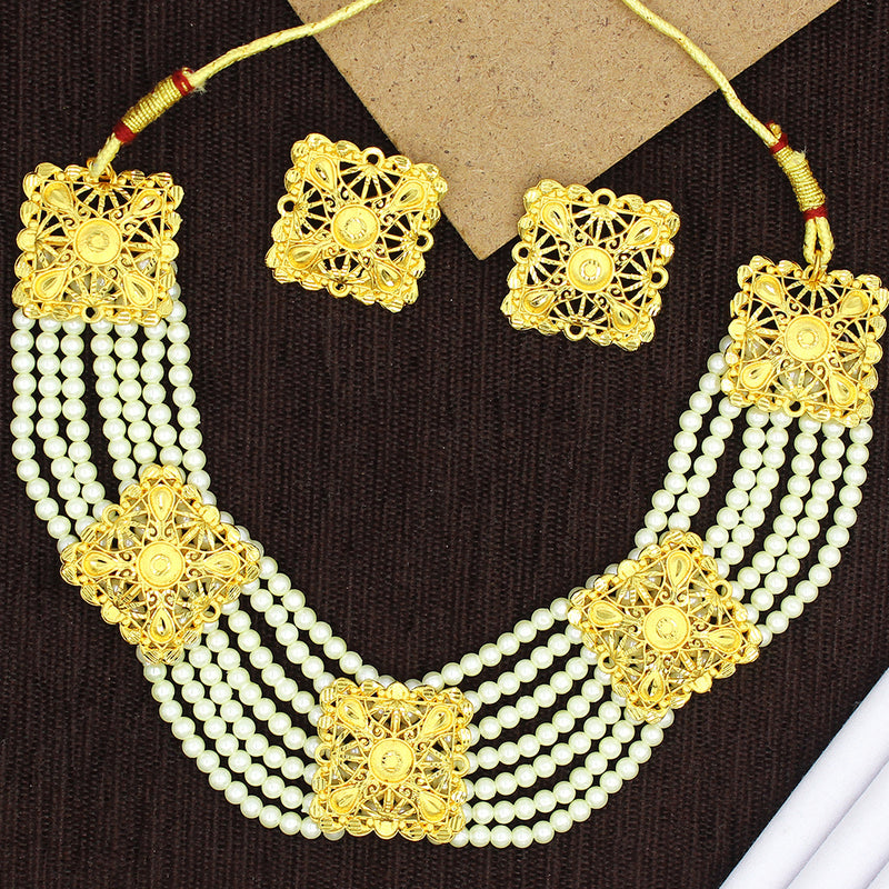 Mahavir Gold Plated Pearl Choker Necklace Set (Assorted Design)