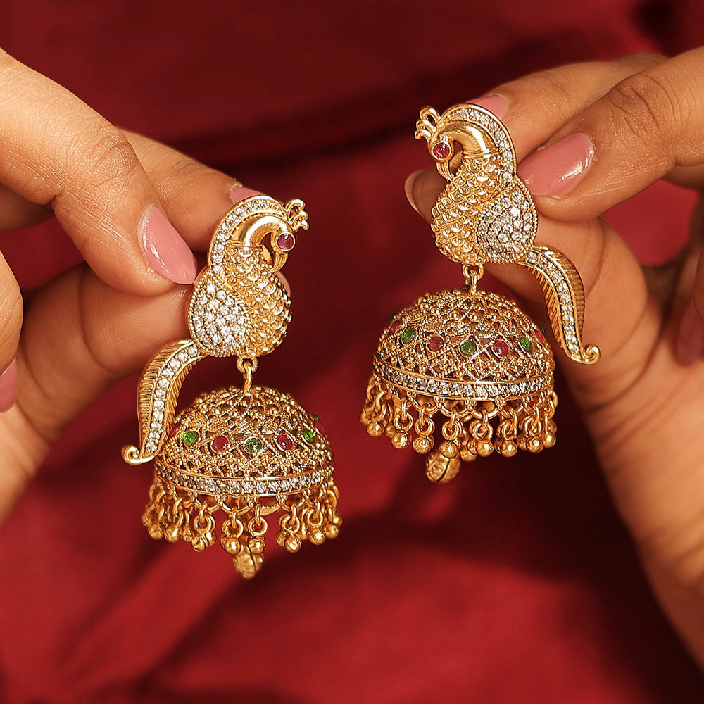 Saloni Fashion Jewellery Pleasant Peacock Design Gold Plated CZ Studded Brass Jhumki Earring For Women and Girls