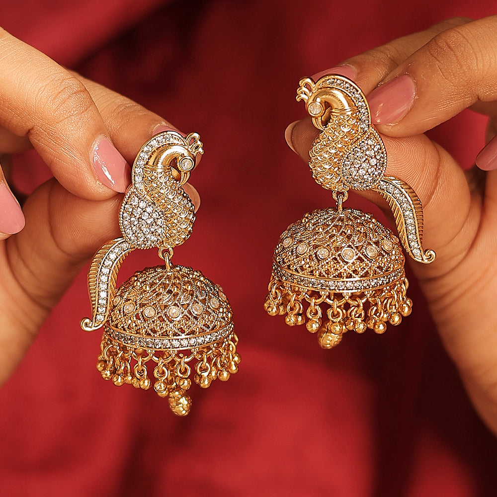Saloni Fashion Jewellery Pleasant Peacock Design Gold Plated CZ Studded Brass Jhumki Earring For Women and Girls
