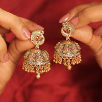 Saloni Fashion Jewellery Pretty Peacock Design Gold Plated Multi Kundan Stone Small Golden Balls Brass Jhumki Earring For Women and Girls